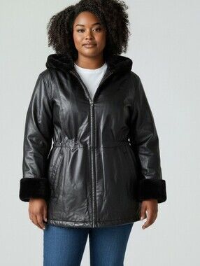 Woman Within 24W Black Genuine Leather Coat Faux Fur Lined Hooded Plus Size